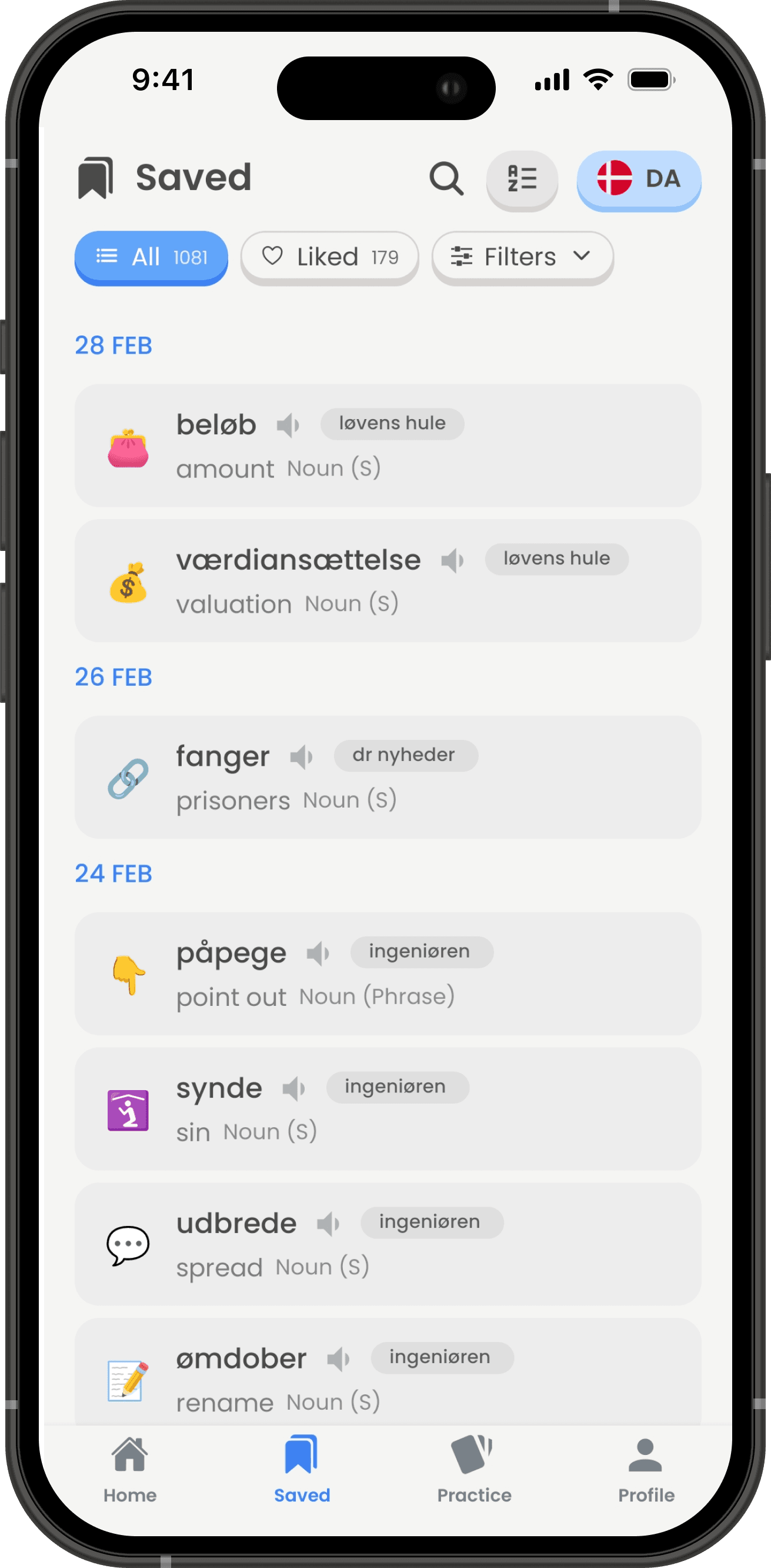 Saved word with emoji and tag in WordWise